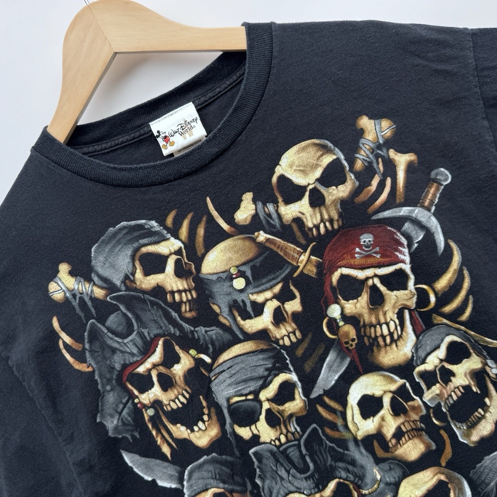 Vintage Pirates Of The Caribbean Walt Disney World Black Skull T Shirt Size L
